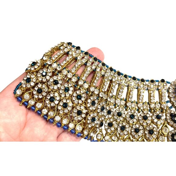 Gold & Blue Crystal Bib Necklace With Matching Chandelier Earrings Bridal - Picture 8 of 16